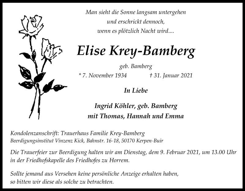  Traueranzeige für Elise Krey-Bamberg vom 06.02.2021 aus Kölner Stadt-Anzeiger / Kölnische Rundschau / Express