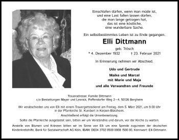 Anzeige von Elli Dittmann von Kölner Stadt-Anzeiger / Kölnische Rundschau / Express