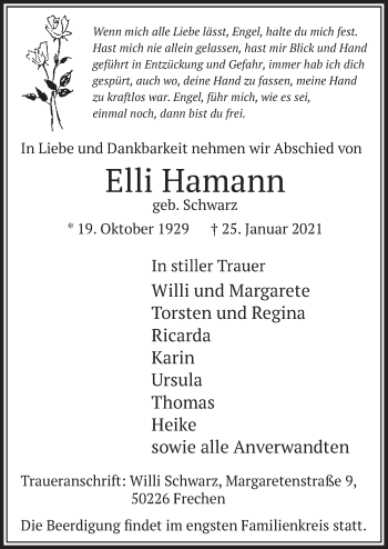 Anzeige von Elli Hamann von  Wochenende 
