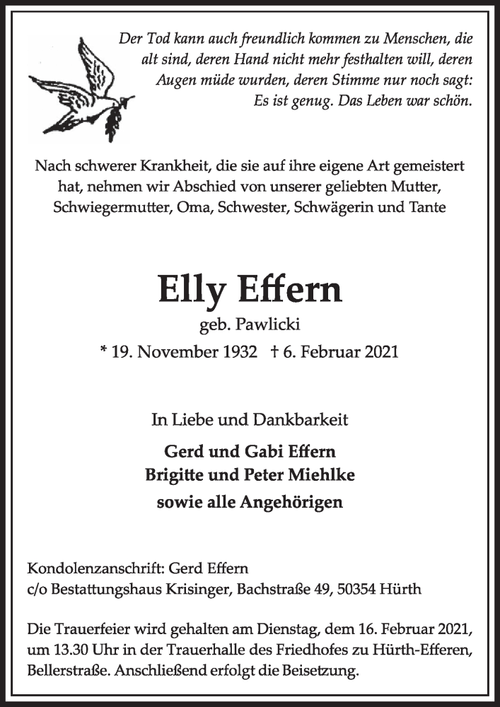  Traueranzeige für Elly Effern vom 12.02.2021 aus  Wochenende 
