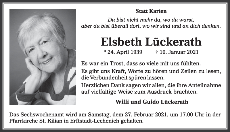  Traueranzeige für Elsbeth Lückerath vom 12.02.2021 aus  Werbepost 