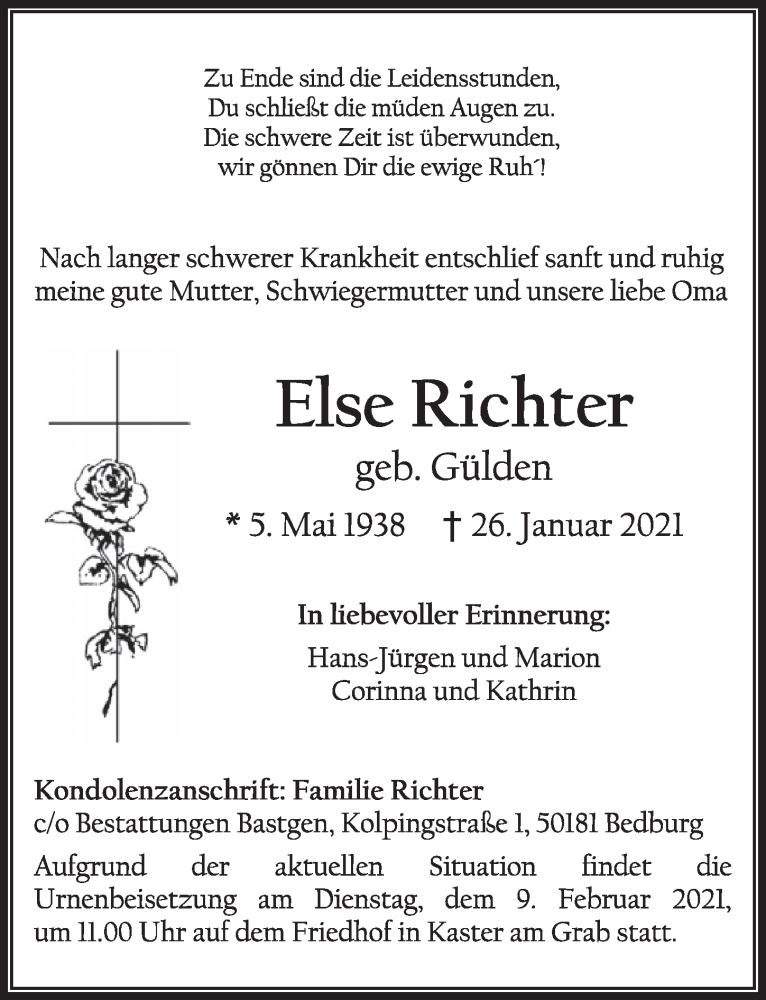  Traueranzeige für Else Richter vom 05.02.2021 aus  Werbepost 