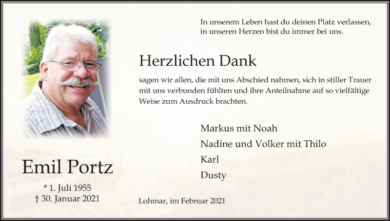  Traueranzeige für Emil Portz vom 20.02.2021 aus Kölner Stadt-Anzeiger / Kölnische Rundschau / Express