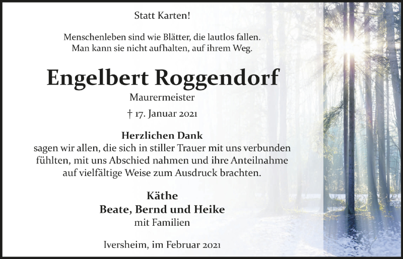  Traueranzeige für Engelbert Roggendorf vom 13.02.2021 aus  Blickpunkt Euskirchen 