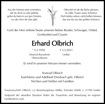 Anzeige von Erhard Olbrich von Kölner Stadt-Anzeiger / Kölnische Rundschau / Express