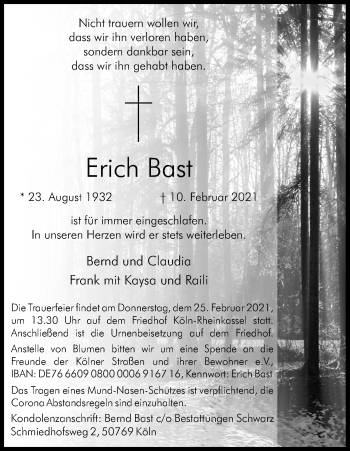 Anzeige von Erich Bast von Kölner Stadt-Anzeiger / Kölnische Rundschau / Express