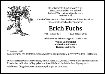 Anzeige von Erich Fuchs von Kölner Stadt-Anzeiger / Kölnische Rundschau / Express
