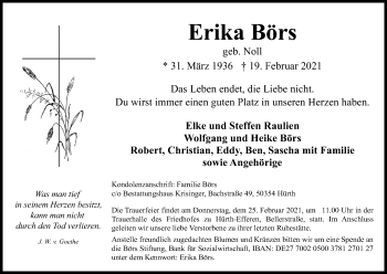Anzeige von Erika Börs von Kölner Stadt-Anzeiger / Kölnische Rundschau / Express