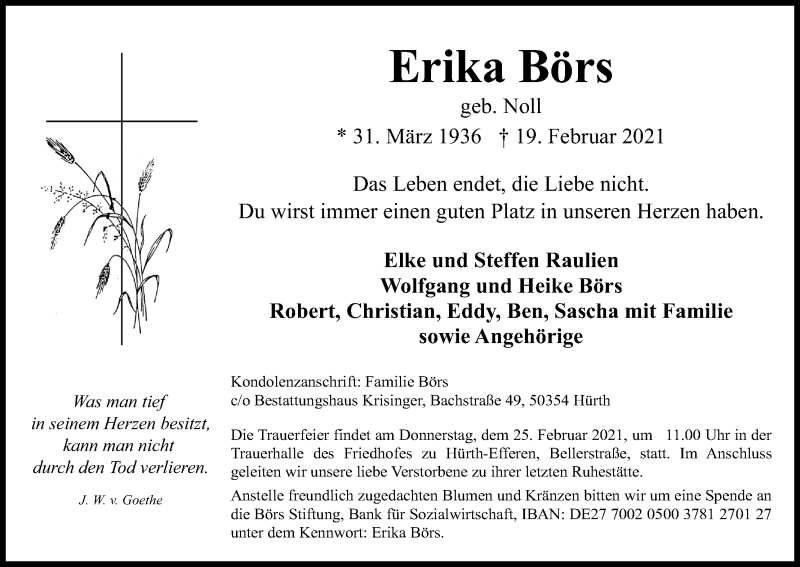  Traueranzeige für Erika Börs vom 20.02.2021 aus Kölner Stadt-Anzeiger / Kölnische Rundschau / Express