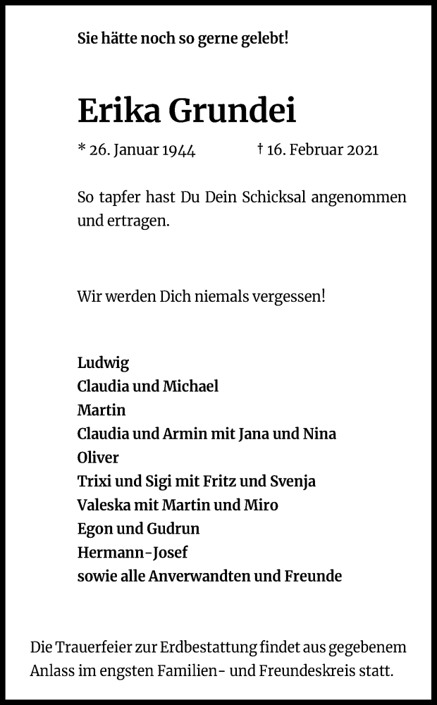  Traueranzeige für Erika Grundei vom 20.02.2021 aus Kölner Stadt-Anzeiger / Kölnische Rundschau / Express