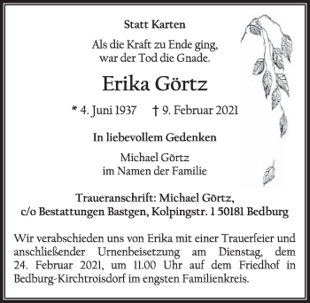 Anzeige von Erika Görtz von  Werbepost 