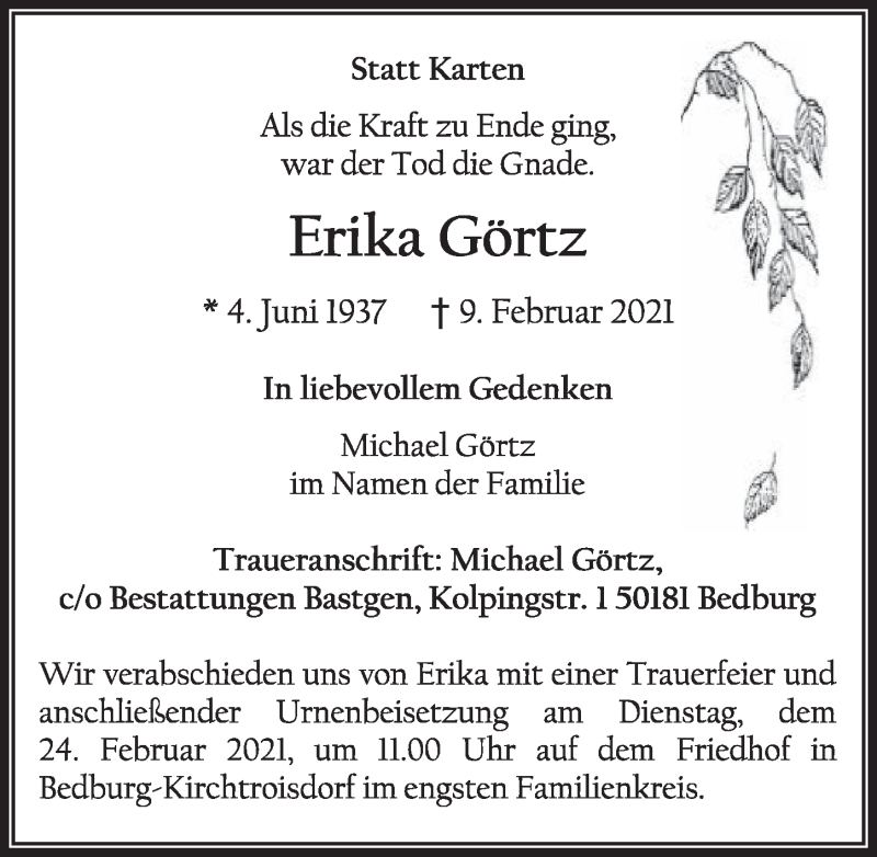  Traueranzeige für Erika Görtz vom 19.02.2021 aus  Werbepost 