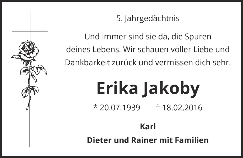  Traueranzeige für Erika Jakoby vom 12.02.2021 aus  Kölner Wochenspiegel 