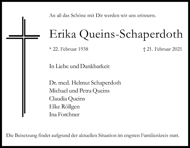  Traueranzeige für Erika Queins-Schaperdoth vom 27.02.2021 aus Kölner Stadt-Anzeiger / Kölnische Rundschau / Express