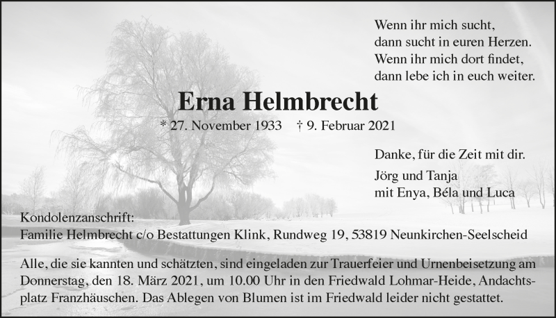  Traueranzeige für Erna Helmbrecht vom 19.02.2021 aus  Extra Blatt 