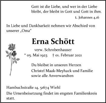 Anzeige von Erna Schött von  Anzeigen Echo 