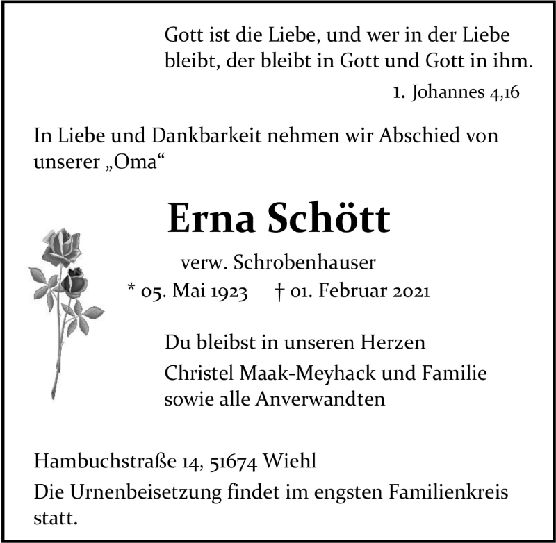  Traueranzeige für Erna Schött vom 05.02.2021 aus  Anzeigen Echo 
