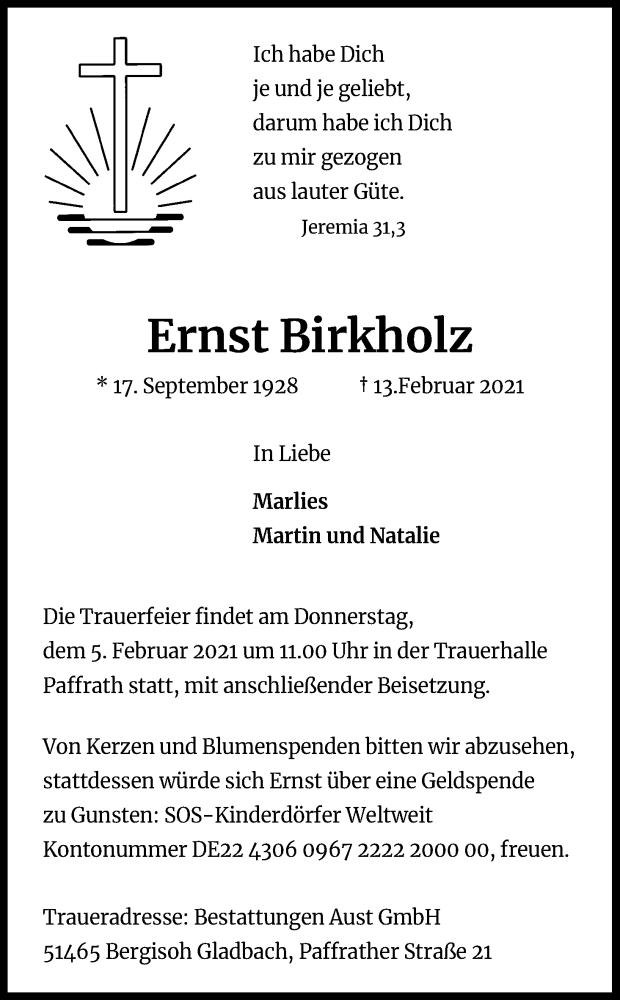  Traueranzeige für Ernst Birkholz vom 20.02.2021 aus Kölner Stadt-Anzeiger / Kölnische Rundschau / Express