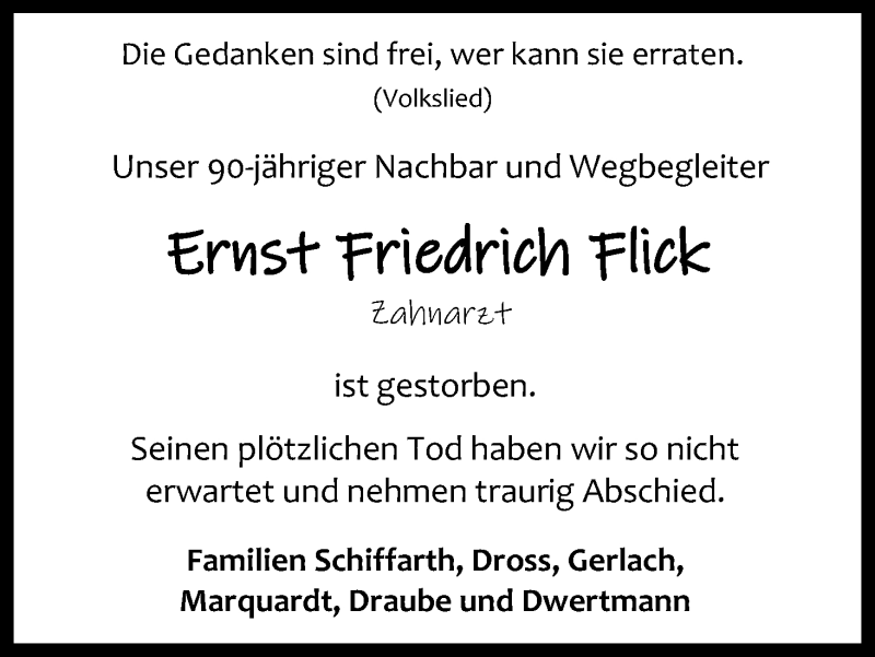 Traueranzeige für Ernst Friedrich Flick vom 06.02.2021 aus Kölner Stadt-Anzeiger / Kölnische Rundschau / Express