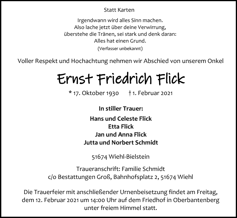  Traueranzeige für Ernst Friedrich Flick vom 06.02.2021 aus Kölner Stadt-Anzeiger / Kölnische Rundschau / Express