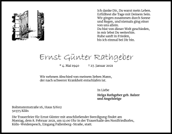 Anzeige von Ernst Günter Rathgeber von Kölner Stadt-Anzeiger / Kölnische Rundschau / Express