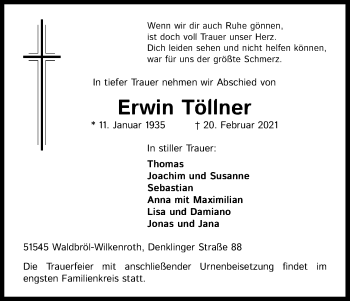 Anzeige von Erwin Töllner von Kölner Stadt-Anzeiger / Kölnische Rundschau / Express
