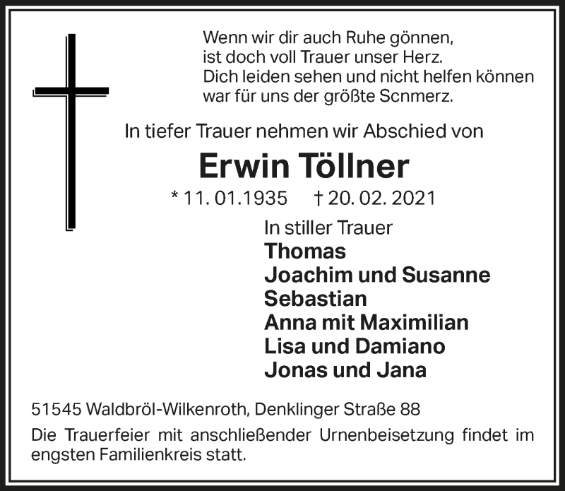  Traueranzeige für Erwin Töllner vom 26.02.2021 aus  Lokalanzeiger 