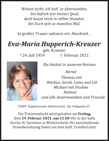 Anzeige von Eva-Maria Hupperich-Kreuzer von Kölner Stadt-Anzeiger / Kölnische Rundschau / Express