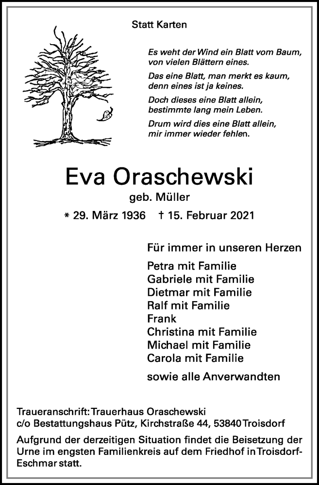  Traueranzeige für Eva Oraschewski vom 26.02.2021 aus  Schaufenster/Blickpunkt 