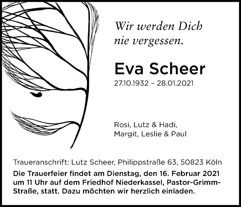  Traueranzeige für Eva Scheer vom 06.02.2021 aus Kölner Stadt-Anzeiger / Kölnische Rundschau / Express