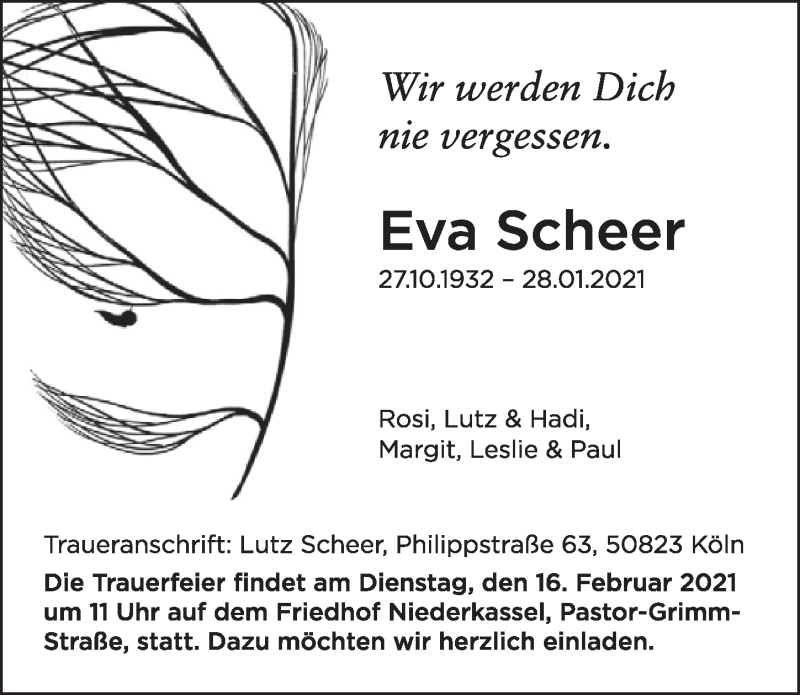  Traueranzeige für Eva Scheer vom 05.02.2021 aus  Extra Blatt 