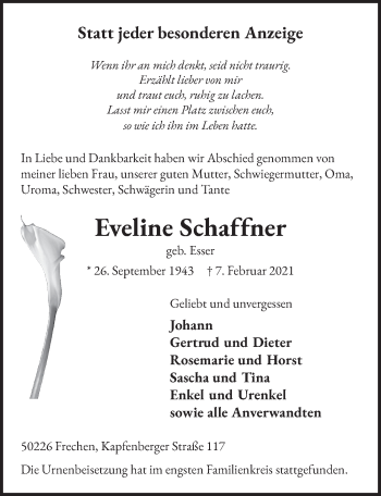 Anzeige von Eveline Schaffner von  Wochenende 