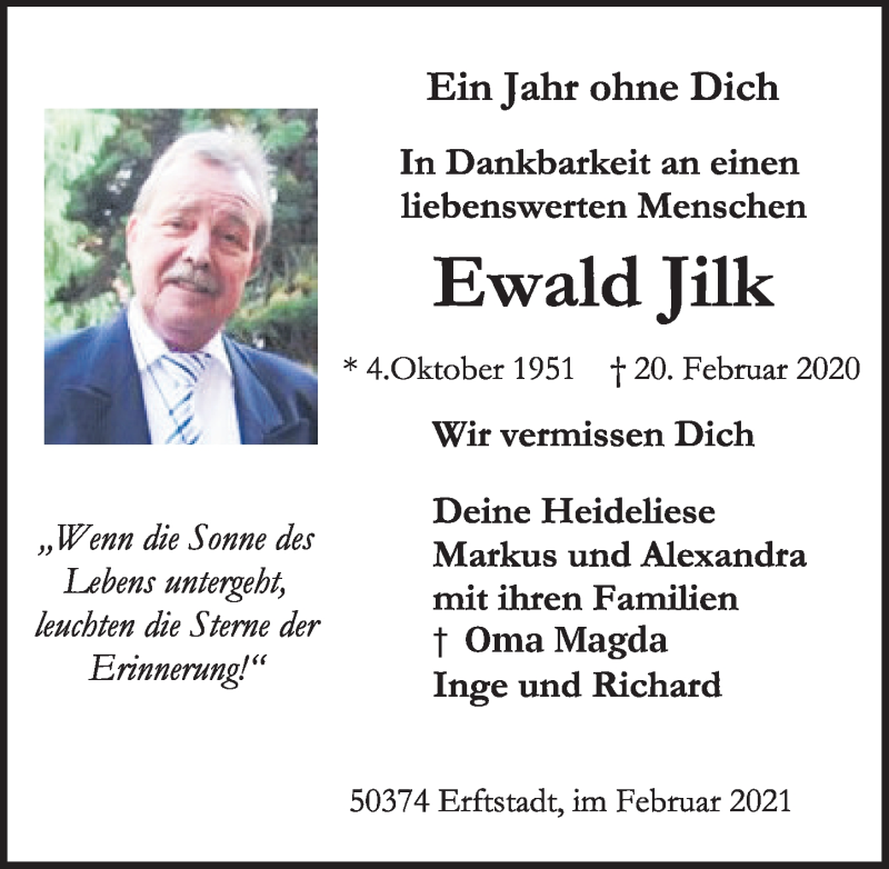 Traueranzeige für Ewald Jilk vom 19.02.2021 aus  Werbepost 