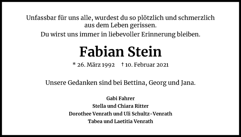  Traueranzeige für Fabian Stein vom 20.02.2021 aus Kölner Stadt-Anzeiger / Kölnische Rundschau / Express