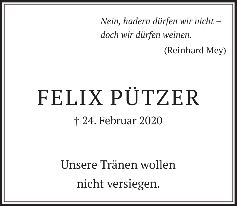  Traueranzeige für Felix Pützer vom 19.02.2021 aus  Schlossbote/Werbekurier 