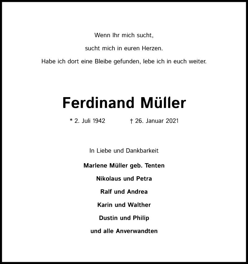  Traueranzeige für Ferdinand Müller vom 13.02.2021 aus Kölner Stadt-Anzeiger / Kölnische Rundschau / Express