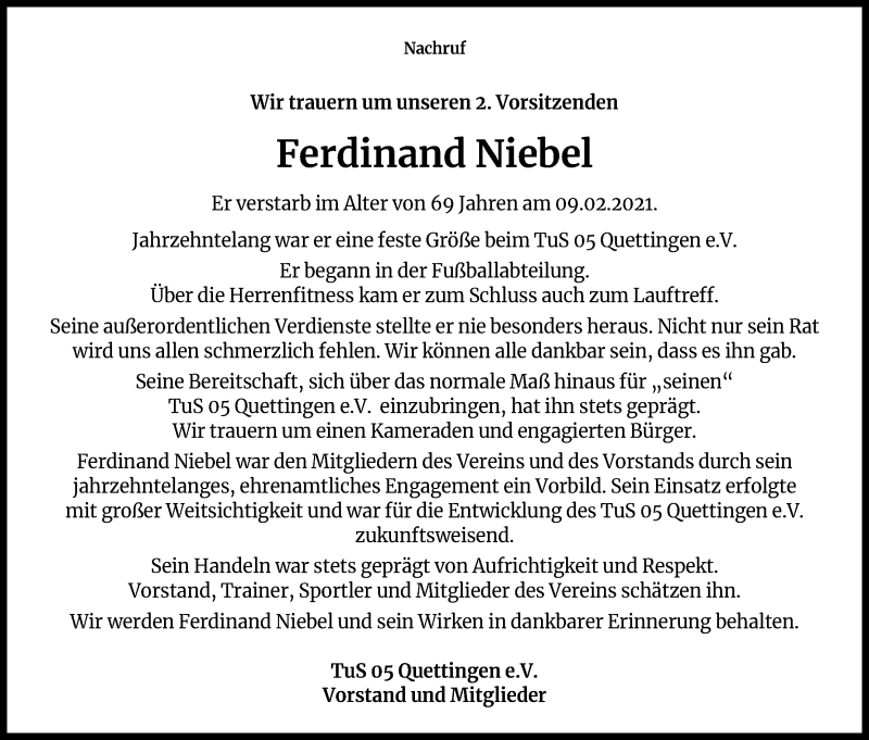  Traueranzeige für Ferdinand Niebel vom 20.02.2021 aus Kölner Stadt-Anzeiger / Kölnische Rundschau / Express