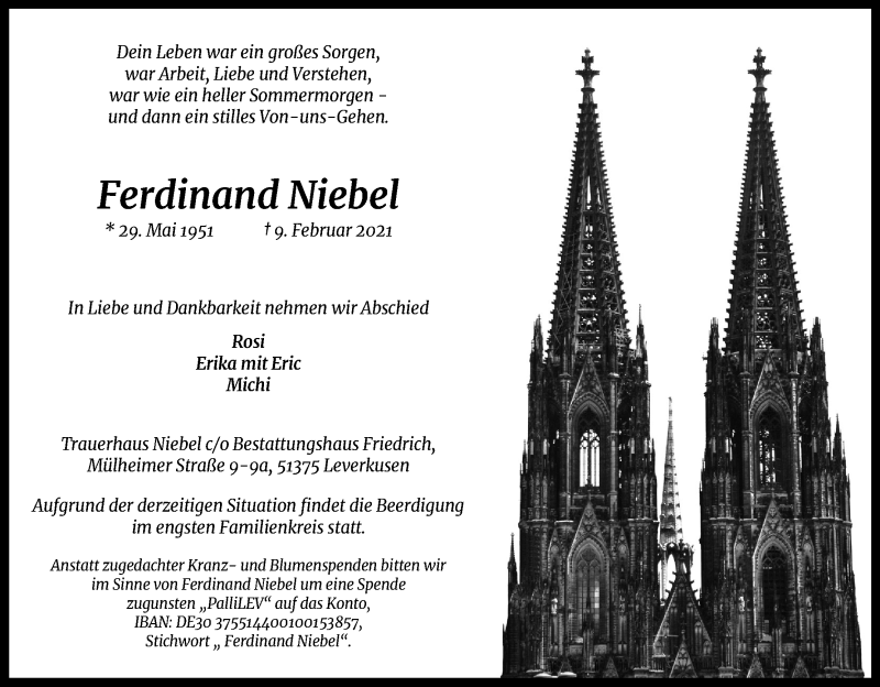  Traueranzeige für Ferdinand Niebel vom 13.02.2021 aus Kölner Stadt-Anzeiger / Kölnische Rundschau / Express