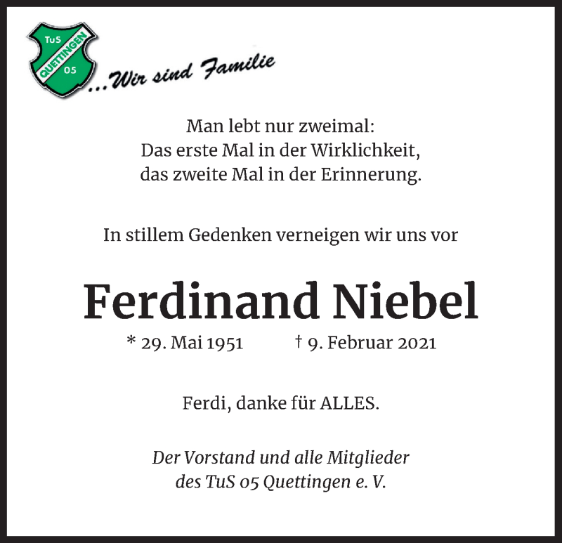  Traueranzeige für Ferdinand Niebel vom 20.02.2021 aus Kölner Stadt-Anzeiger / Kölnische Rundschau / Express