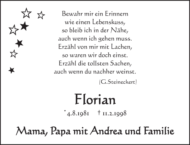  Traueranzeige für Florian  vom 12.02.2021 aus  Schlossbote/Werbekurier 