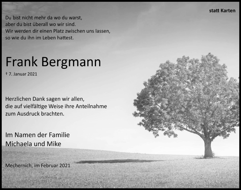  Traueranzeige für Frank Bergmann vom 27.02.2021 aus  Blickpunkt Euskirchen 