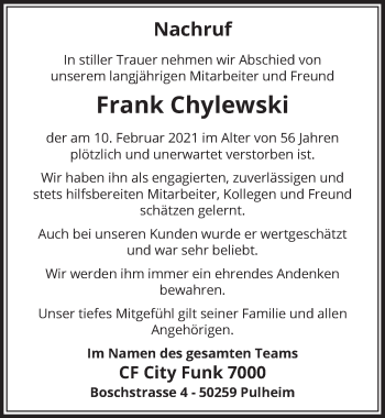 Anzeige von Frank Chylewski von  Wochenende 