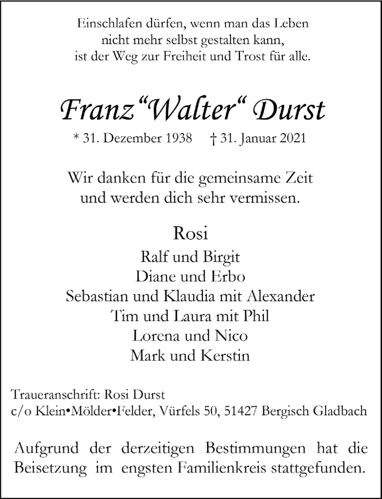  Traueranzeige für Franz Durst vom 19.02.2021 aus  Bergisches Handelsblatt 