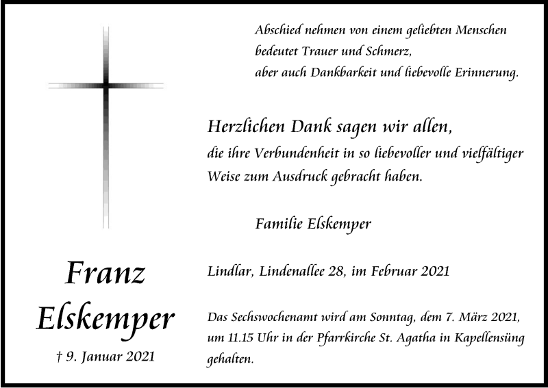  Traueranzeige für Franz Elskemper vom 20.02.2021 aus Kölner Stadt-Anzeiger / Kölnische Rundschau / Express