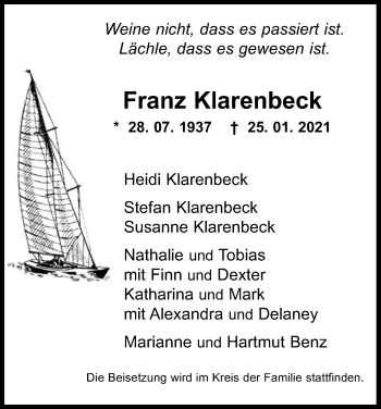 Anzeige von Franz Klarenbeck von Kölner Stadt-Anzeiger / Kölnische Rundschau / Express