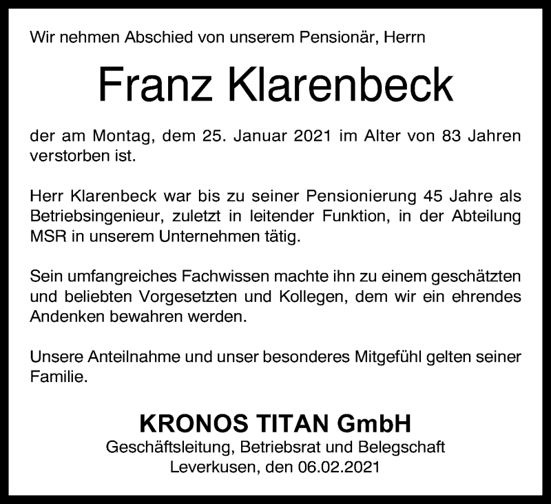  Traueranzeige für Franz Klarenbeck vom 06.02.2021 aus Kölner Stadt-Anzeiger / Kölnische Rundschau / Express