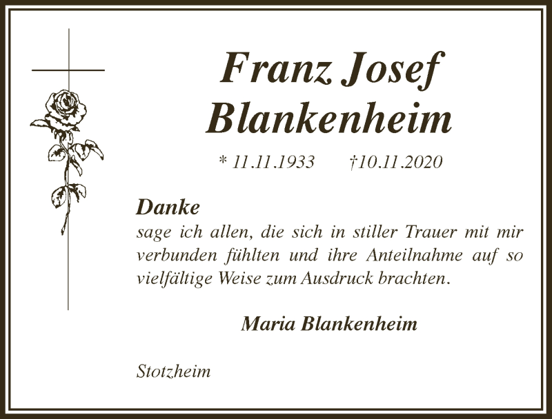 Traueranzeige für Franz Josef Blankenheim vom 13.02.2021 aus  Blickpunkt Euskirchen 