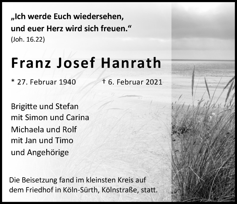  Traueranzeige für Franz Josef Hanrath vom 20.02.2021 aus Kölner Stadt-Anzeiger / Kölnische Rundschau / Express