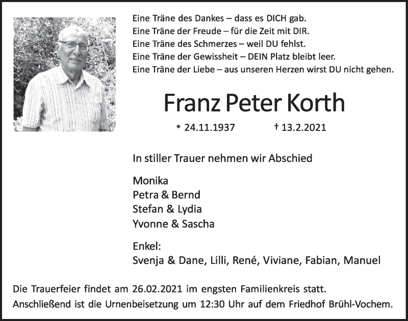  Traueranzeige für Franz Peter Korth vom 19.02.2021 aus  Schlossbote/Werbekurier 