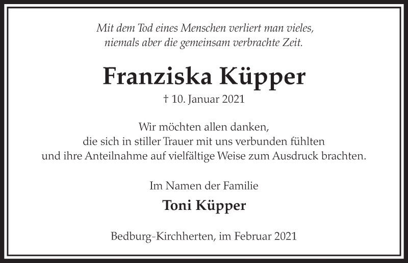  Traueranzeige für Franziska Küpper vom 12.02.2021 aus  Werbepost 